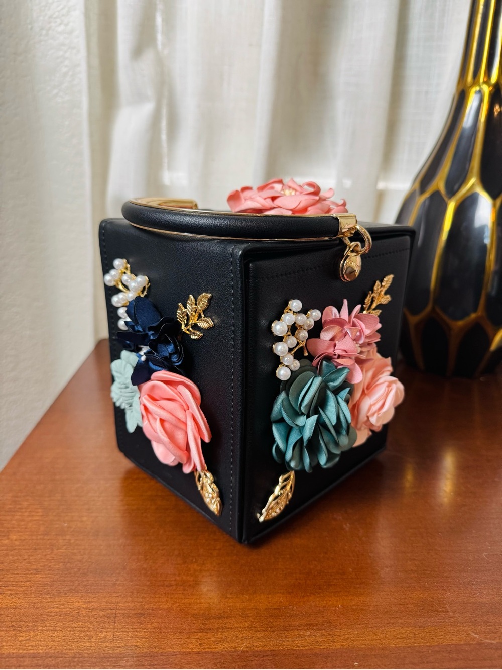 Cube Top Handle Bag with Multicolor Floral Appliqué and Gold Hardware - Picture 1 of 9